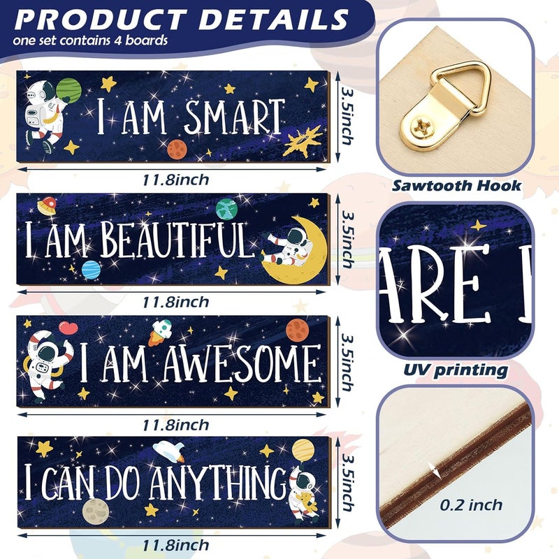 Yookeer 4 Pcs Space Room Decor for Kids Boys Outer Space Wall Art Bedroom Decor for Nursery Classroom Astronaut Galaxy Posters Spaceman Wood Sign Be Brave and Be Kind for Baby Boy(I) - Image 3